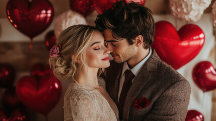 Wall Mural - A couple taking a selfie on Valentine's Day, standing in front of a wall of red and pink balloons with confetti falling 