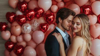 Wall Mural - A romantic photo booth setup with Valentine’s Day props and a couple posing	