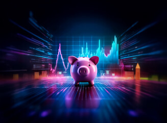 Aufkleber - Piggy bank stands in a vibrant digital realm illuminated by neon lights and financial graphs, representing modern savings and investment concepts.
