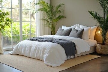 Aufkleber - Soft bedding and natural light create a tranquil atmosphere in a cozy bedroom surrounded by greenery