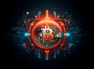 Aufkleber - Vibrant Bitcoin symbol with circuit board texture, glows amidst abstract tech elements in orange and blue, set against a stark dark background.