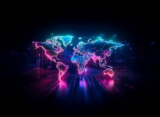 Vibrant neon world map on a dark backdrop, showcasing illuminated continents in pink, blue, and purple hues.  A futuristic and glowing representation of global connectivity.