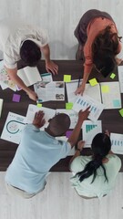 Aufkleber - People, meeting and planning with documents, graphs or collaboration with b2b agreement at marketing agency. Men, women and above with teamwork, review and paperwork with charts at startup company