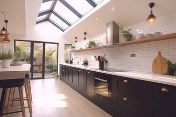 Aufkleber - Modern kitchen design featuring skylights and natural light in a serene outdoor setting