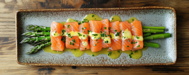 Wall Mural - Fresh smoked salmon with asparagus drizzled in tangy sauce, beautifully arranged on rustic plate. This dish showcases vibrant colors and gourmet presentation