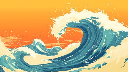 Wall Mural - Majestic Ocean Waves Crashing Against Orange Sunset Sky