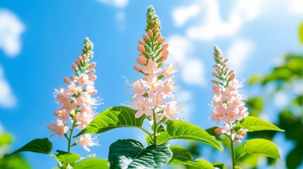 Canvas Print - A vibrant close-up of pink flowering plants against a clear blue sky, Ideal for nature-related content, gardening blogs, or floral design projects, it captures the beauty of blooming flora in spring,