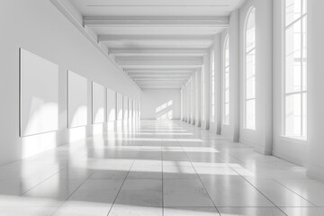 Wall Mural - White gallery interior with mock up place on walls. 3D Rendering realistic light window