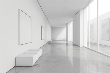 Wall Mural - White gallery interior with mock up place on walls. 3D Rendering presentation