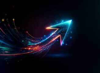 Wall Mural - A luminous neon arrow streaks upwards on a dark canvas, leaving vibrant light trails in its wake, suggesting forward momentum and technological advancement.