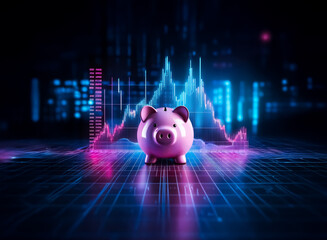 Aufkleber - Pink piggy bank stands prominently against a backdrop of vibrant digital graphs, glowing in blue and pink hues. Financial data is visualized in an abstract, futuristic style.