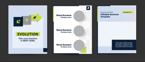 business development growth evolution progress chart template. flyer brochure social media posts background layout with icon three step infographic in blue green colors