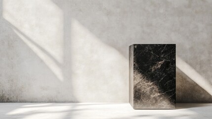 Wall Mural - Dark stone cube, sunlit studio, minimalist backdrop, product display