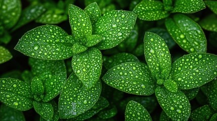 Wall Mural - Dewy green leaves close-up in garden