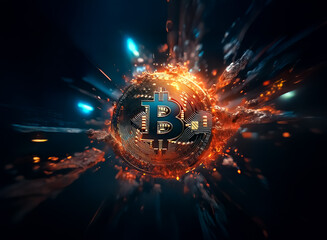 Fototapete - A digital bitcoin symbol is exploding with energy and light against a dark backdrop, creating a dynamic and futuristic visual.