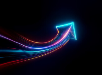 Wall Mural - A vibrant neon arrow streaks upward against a stark black backdrop, leaving trails of blue, pink, and orange light in its dynamic path. Symbolizing forward motion and progress.