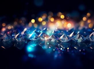 Poster - Sparkling blue diamonds catch the light, creating a dazzling display with bokeh effects in the background. The gems shine brightly on a dark reflective surface.