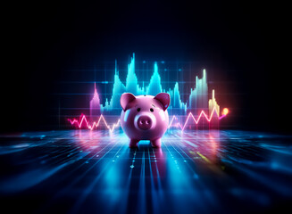Leinwandbilder - Pink piggy bank stands before a vibrant neon financial chart on a reflective surface, against a dark backdrop. Suggests money, investment, and digital economy.