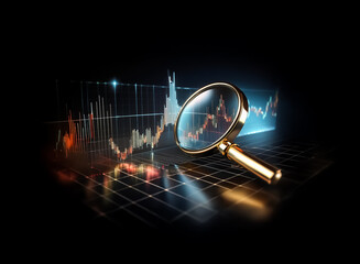 Poster - Magnifying glass analyzes a glowing graph with red and blue lines on a dark background. The scene suggests data analysis, investigation, or financial market trends.