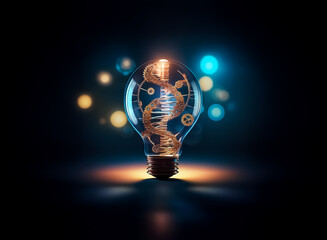 Poster - Bright lightbulb illuminates golden DNA helix inside. Bokeh lights in blue and orange on dark background. Conceptual science image.