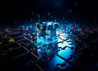 Leinwandbilder - A luminous cube sits atop a circuit board, radiating blue light against a blurred background, evoking a sense of modern technology and digital connectivity.