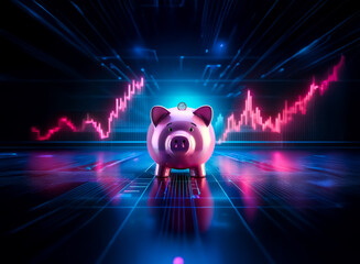 Fototapete - Piggy bank on a neon digital surface with financial graph in the backdrop. Illustrates modern savings and investment in a futuristic style.