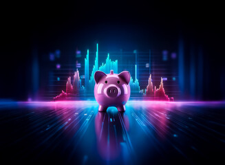 Leinwandbilder - A pink piggy bank stands in neon light, front and center, against a backdrop of digital graphs and lines. The vibrant scene suggests modern finance and technology investment.