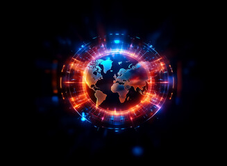 Leinwandbilder - Abstract digital earth sphere with vibrant blue and orange glow effects encircling it.  A technological and futuristic representation of global connectivity on a dark background.