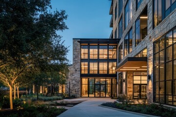 Wall Mural - Modern architecture at twilight showcasing a contemporary building entrance surrounded by lush landscaping and warm lighting in a serene environment