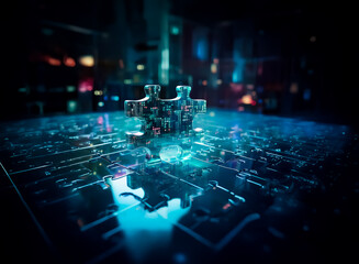 Poster - Chrome puzzle pieces connect on a glowing circuit board. Futuristic tech and digital integration concept.  Dark background with bright blue lights.