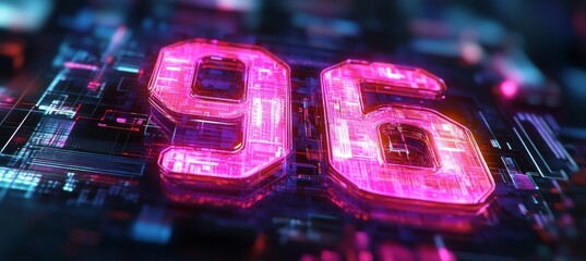 Glowing Purple and Pink number 96 integrated into futuristic technology.,3D Rendering