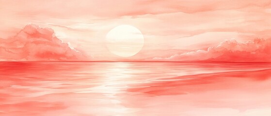 Wall Mural - Bright sunset casts warm pink and orange shades across the calm ocean, creating a tranquil atmosphere as the day transitions to night along the horizon