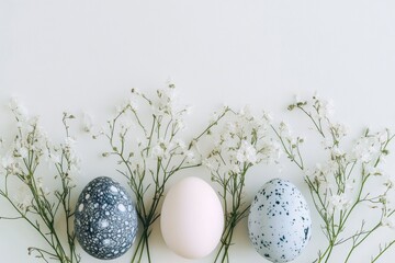 Canvas Print - Spring Floral Arrangement with Blue, White Easter Eggs, Copy Space on Light Background