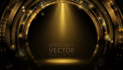 Wall Mural - abstract golden circles glowing in bright light with bokeh and golden glitter particles on black bac