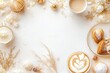 © Odrua Design - Xícara de café elegante com detalhes dourados, acompanhada de doces e decorações festivas em fundo branco, criada com IA generativa para um visual sofisticado e convidativo