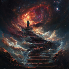 Wall Mural - Journey through a cosmic staircase connecting the universe and human experience in a surreal landscape. Generative AI
