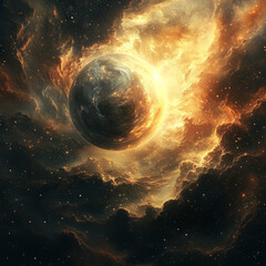 Wall Mural - artwork depicting a cosmic landscape with a planet amidst vibrant celestial clouds. Generative AI