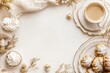 © Odrua Design - Xícara de café elegante com detalhes dourados, acompanhada de doces e decorações festivas em fundo branco, criada com IA generativa para um visual sofisticado e convidativo