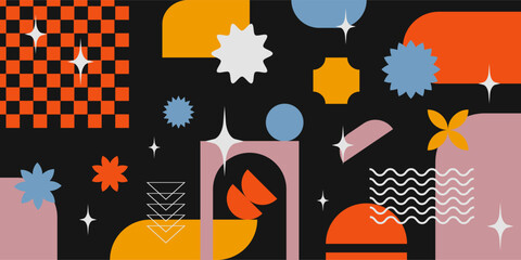Wall Mural - abstract geometric banner with shapes and forms. brutal contemporary figures, stars, arch, flowers a