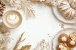 © Odrua Design - Xícara de café elegante com detalhes dourados, acompanhada de doces e decorações festivas em fundo branco, criada com IA generativa para um visual sofisticado e convidativo