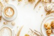 © Odrua Design - Xícara de café elegante com detalhes dourados, acompanhada de doces e decorações festivas em fundo branco, criada com IA generativa para um visual sofisticado e convidativo