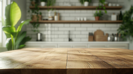 Canvas Print - rustic wooden table with smooth polished surface, surrounded by greenery and bright kitchen setting, creates warm and inviting atmosphere