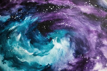 Wall Mural - cosmic nebula watercolor galaxy swirling with deep purples and teals on textured paper