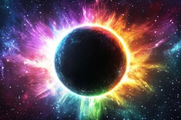 Wall Mural - cosmic phenomenon with electric neon corona, multicolored light rays pierce darkness around black sphere, celestial spectacle in starlit void