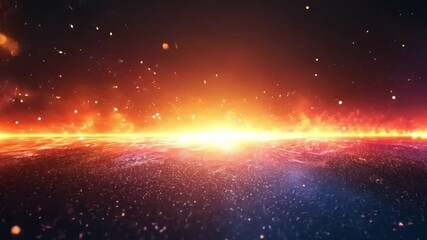 Leinwandbilder - Cosmic Inferno: A breathtaking panorama of a fiery celestial landscape, showcasing a vibrant sunrise or sunset across a cosmic horizon, speckled with distant stars and nebulae.