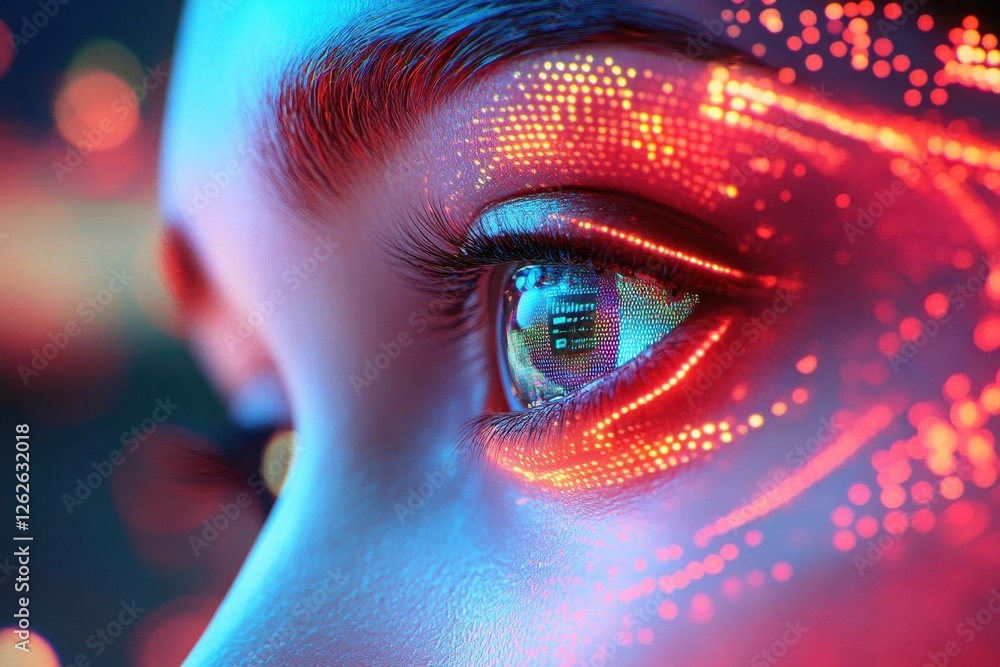 cyberpunk portrait featuring woman's eye with holographic display ...