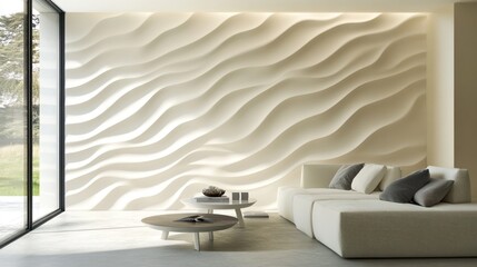 Wall Mural - White wavy wall panel in a bright, modern living room interior with trees outside. For decor