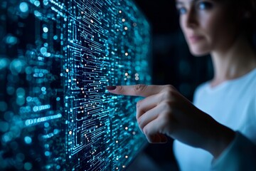 A digital display shows a businesswoman engaging with social network connections through advanced virtual screen technology