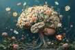 © furyon - surreal digital artwork of anatomical brain transformed into blooming garden with delicate flowers emerging from neural pathways