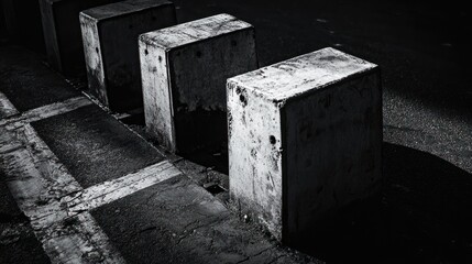 Wall Mural - Three weathered concrete blocks in a row, shadowed, monochrome.